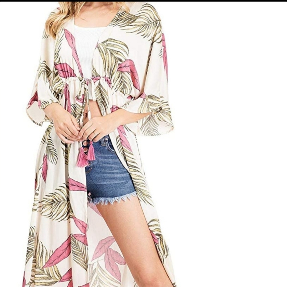 AaKaa women's maxi robe tropical print kimono cardigan boho/cottagecore sz L